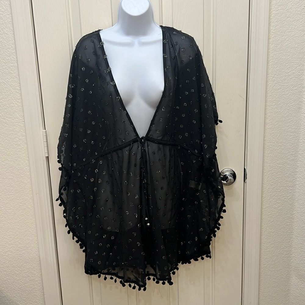 Club Z Collection Swim Coverup Size Large Black Silver Metallic Drawstring Waist